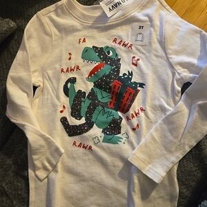 Old Navy White Long-Sleeve Tee with Teal & Black Dinosaur Graphic